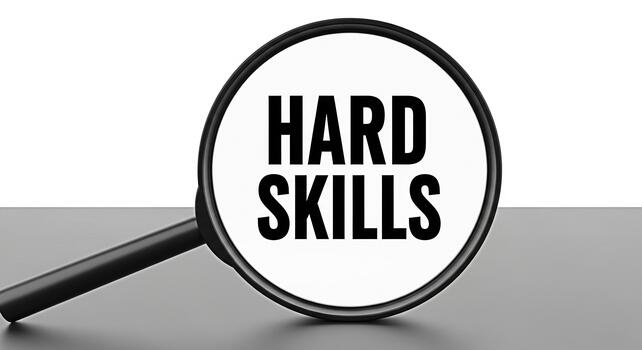 Magnifying glass focusing on hard skills on a gray surface emphasizing the importance of technical abilities and expertise in a competitive job market creating a sense of focus and determination photo