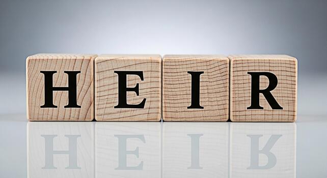 Wooden blocks spelling HEIR on a reflective surface representing legacy and succession planning in a professional and minimalist setting symbolizing inheritance and future generations photo