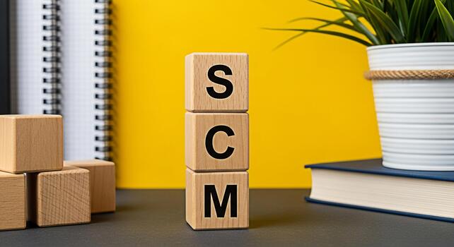 Wooden blocks spelling SCM standing on a desk in a bright office environment symbolizing supply chain management and business strategy for efficient operations and optimized logistics photo