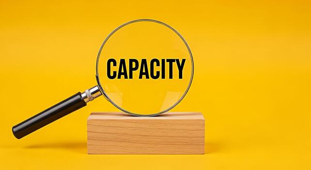Magnifying glass focusing on the word Capacity displayed on a wooden block against a vibrant yellow background symbolizing the importance of understanding and maximizing potential with clarity and pre photo