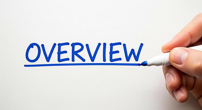Hand underlining the word Overview in blue marker on a white background symbolizing a comprehensive summary and a clear understanding of the main points offering a concise and informative presentation photo