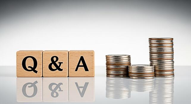 Wooden blocks displaying Q A next to stacks of coins on a reflective surface representing financial questions and answers investment growth and informed financial decisionmaking in a bright studio set photo