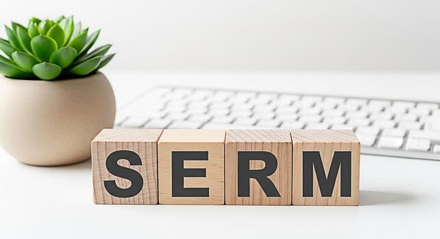 Wooden blocks displaying SERM on a white desk with a succulent and keyboard representing Search Engine Reputation Management and a clean organized workspace for online brand building photo