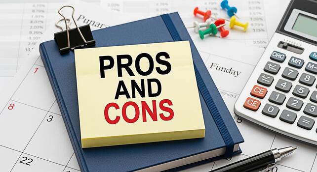 analizando pros y contras en un pegajoso Nota metido en un azul cuaderno en un oficina ajuste rodeado por un calculadora bolígrafo y calendario representando Toma de decisiones y estratégico planificación para negocio crecer foto