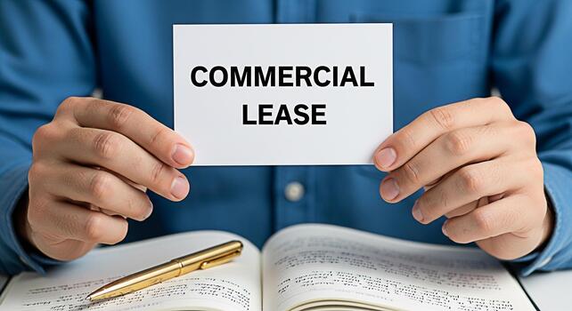 Man holding a Commercial Lease sign over an open notebook with a golden pen symbolizing business agreement and financial commitment in a professional setting highlighting the importance of legal contr photo