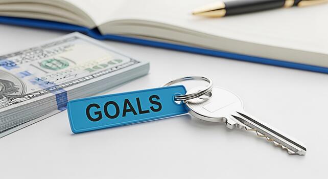 Key with a Goals Tag Lying on a White Table Next to a Stack of Hundred Dollar Bills an Open Notebook and a Pen Representing Financial Planning and the Achievement of Financial Goals photo