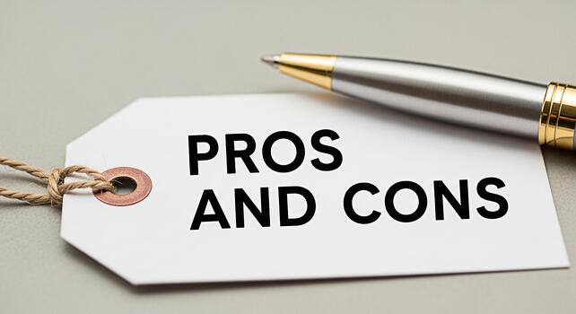 Closeup of a tag displaying Pros and Cons with a pen on a neutral surface representing decisionmaking and evaluation in a business or personal context conveying a sense of analysis and consideration photo