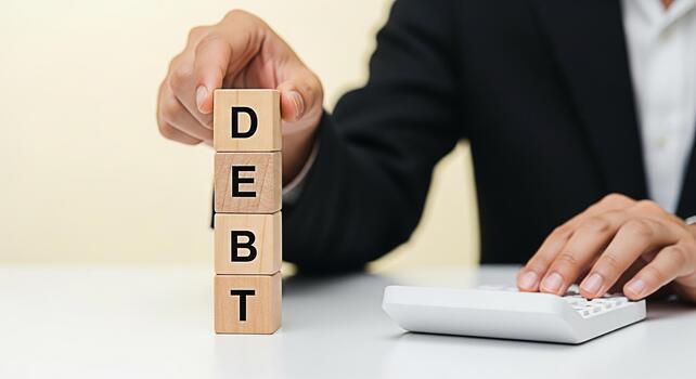 Financial advisor arranging wooden blocks spelling DEBT on a white desk with a calculator symbolizing financial challenges and the need for debt management in a modern business environment conveying a photo