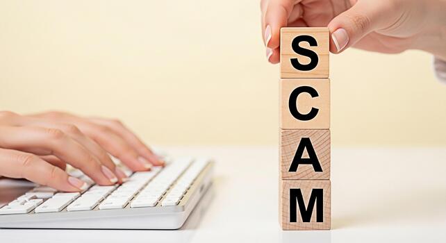 Female hands typing on a keyboard next to wooden blocks spelling SCAM on a white desk representing online fraud and financial risk in a digital environment conveying a message of caution photo