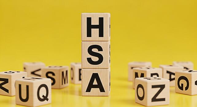 Wooden blocks spelling HSA stacked on a yellow surface surrounded by other blocks with letters representing health savings account planning and financial security with a bright and optimistic concept photo