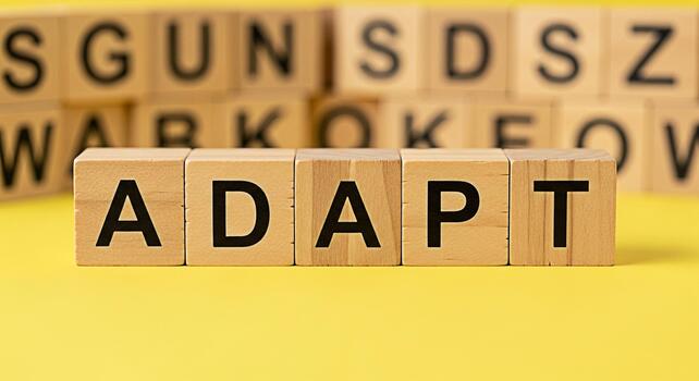 Wooden blocks spelling ADAPT on a yellow surface with blurred letter blocks in the background symbolizing the need to adjust and change in a dynamic environment conveying a message of resilience and f photo