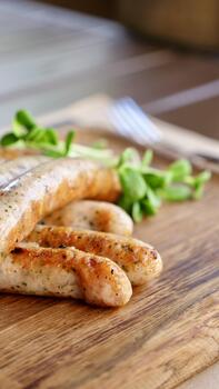 A vertical close-up of delicious grilled sausages served on a rustic wooden board. The fresh greens and a blurred fork in the background create an appetizing, inviting scene. photo
