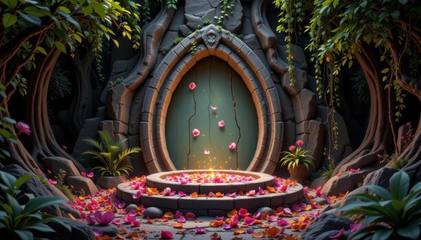 A mystical forest altar carved from stone, decorated with luminous petals floating around it. photo