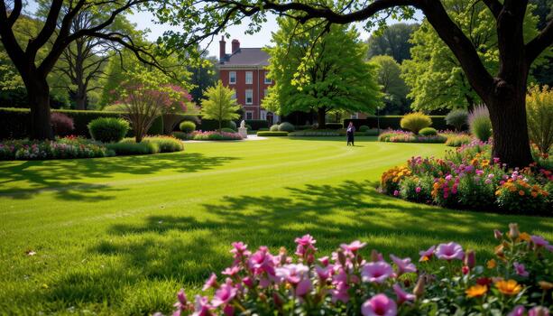 Expansive lawns of emerald green stretch across the garden, punctuated by clusters of vibrant flowers and framed by sweeping shade trees. photo