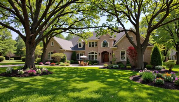 Rolling lawns and bold flowers flourish beneath expansive shade trees swaying softly overhead. photo