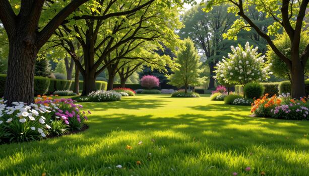 Soft lawns stretch endlessly with colorful blossoms punctuating the greenery beneath high, sheltering shade trees. photo