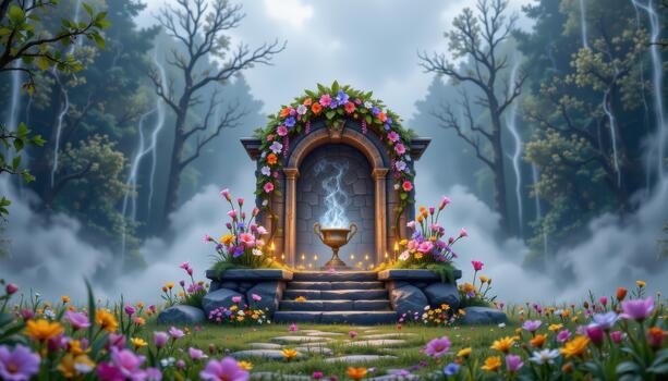 A mystical stone altar adorned with colorful blooms, standing in a fog lit meadow. photo