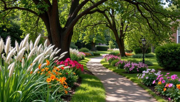 Soft grasses and bright flowers rest together beneath impressive shade trees guarding the quiet garden path. photo