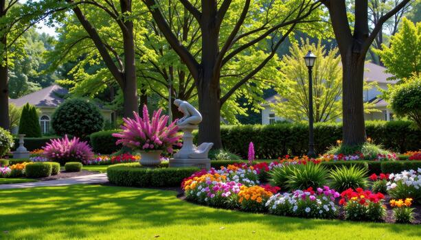 Soft lawns sparkle near vivid blooms beneath tall shade trees blending calm and natural color. photo