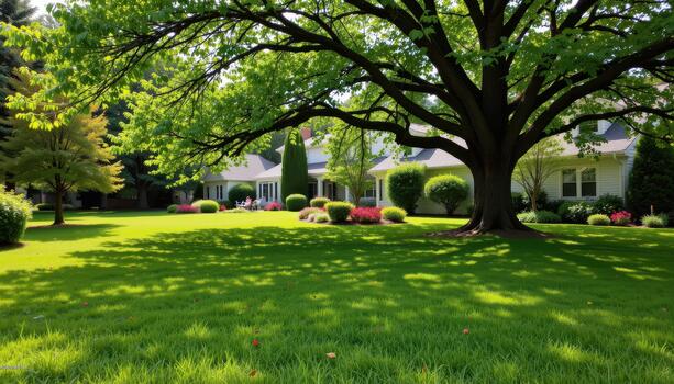 Serene lawns and colorful flowers thrive beneath expansive shade trees sheltering the entire scene. photo