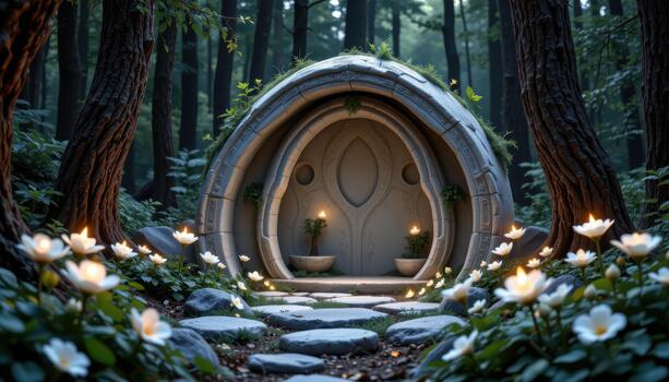 A forest altar sculpted from stone, adorned with pale flowers illuminated by ethereal sparkles. photo