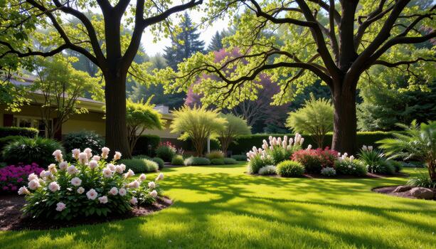 Shimmering lawns host clusters of blossoms while tall shade trees rise above, spreading gentle calm over the garden. photo