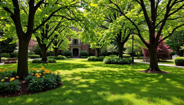 frondoso sombra arboles torre encima verde céspedes y vistoso flores creando un equilibrado y sereno jardín ajuste. foto