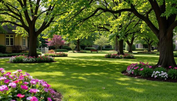 Peaceful lawns curved with flowers lie beneath wide shade trees creating a soothing, harmonious garden. photo