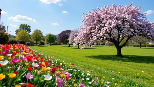 Fresh green fields stretch beside colorful blossoms under giant shade trees whispering in the wind. photo