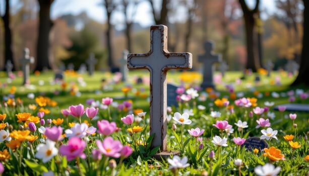 A simple cross stands in a cemetery surrounded by spring flowers, each bloom reflecting the passage of time and memory. photo