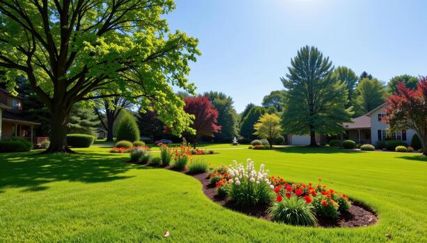 Bright flower beds border smooth lawns under towering shade trees that create gentle patterns of shadow and light. photo