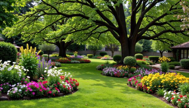 Vibrant flower beds line soft green lawns under sprawling shade trees creating a calm and inviting garden scene. photo