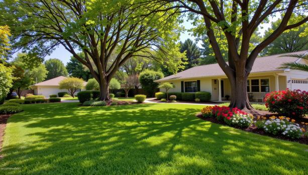Bright green lawns stretch across the landscape with clusters of colorful blooms under lofty, protective shade trees. photo