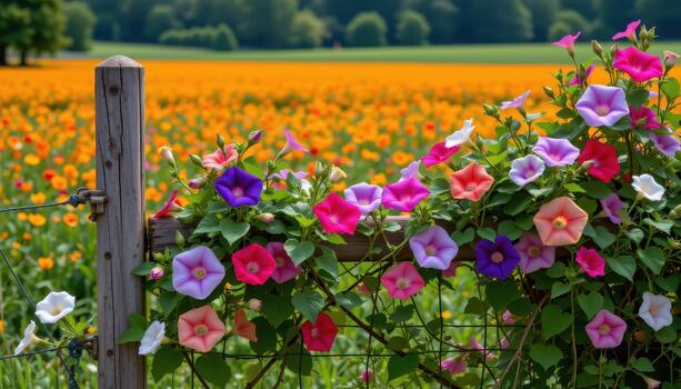 The fence is entwined with morning glories, adding an extra layer of color to the vibrant field behind it. photo
