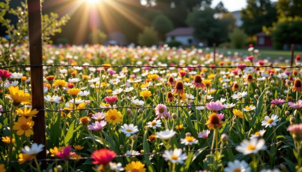 Sunlight filters through the gaps in the fence, creating a dappled pattern on the flowers, making the field appear like a living, breathing painting. photo