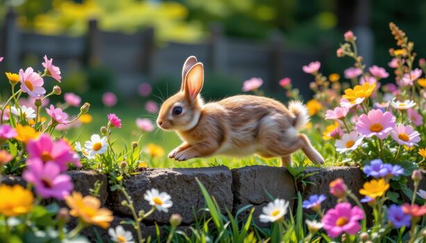 A rabbit hops along the edge of the fence, eyes fixed on the flowers just out of reach, dreaming of tasting their sweetness. photo