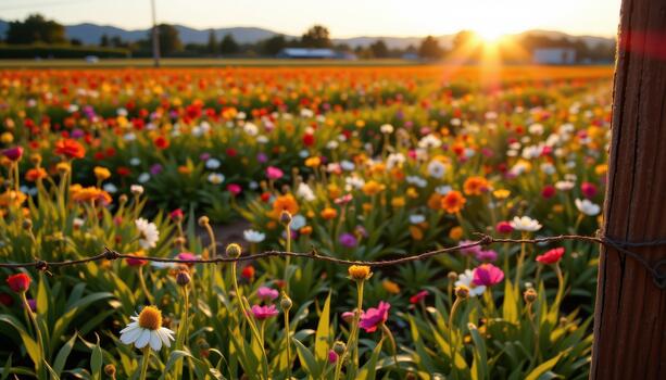 Sunlight catches on the edges of the fence, casting golden highlights over the colorful flower field beyond. photo