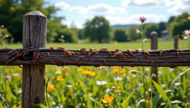 The fence hums with life as insects crawl along it, connecting the outside world with the vibrant field inside. photo