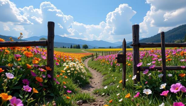 A locked gate hints at secret paths inside the flower field, making the fence feel like both protector and tease. photo