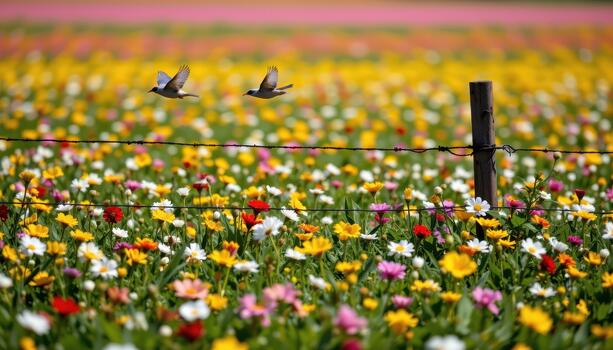 Shadows of birds flit across the fence as they chase each other, adding movement to the still beauty of the flower field. photo