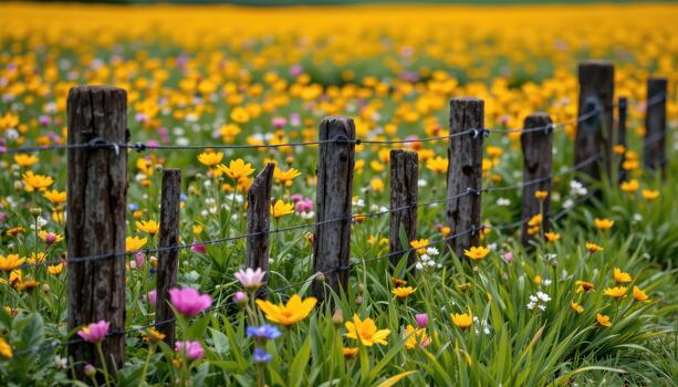 The fence posts are weathered by time, adding rustic charm while safeguarding the hidden beauty of the flower field. photo