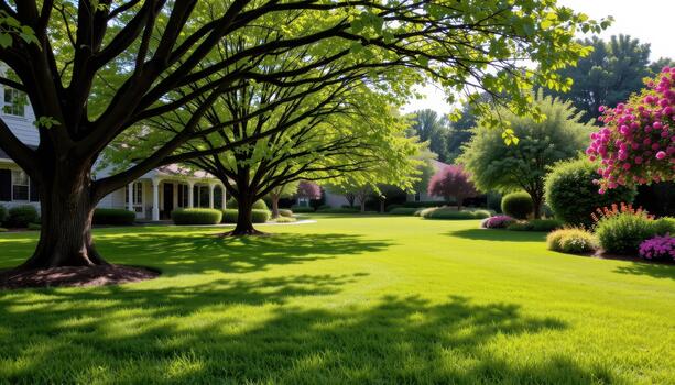 Smooth lawns meet floral splendor beneath sweeping shade trees, their branches casting soft patterns on the vibrant green. photo