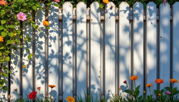 The fence casts long shadows that mingle with the colors of the flowers, creating a tapestry of light and texture. photo