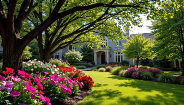 laminación verde céspedes fluir junto a negrita floraciones debajo imponente sombra arboles ese filtrar ligero y crear calma oscuridad. foto