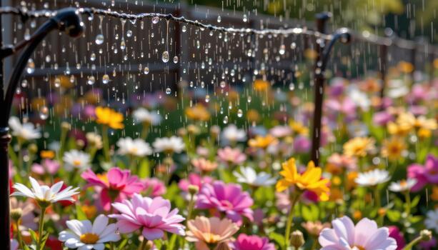Raindrops slide down the fence, catching sunlight and creating tiny shimmering prisms over the flower field. photo