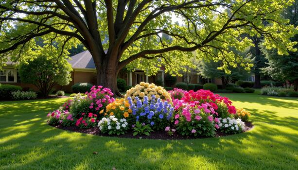 Soft lawns shimmer in the light while clusters of bold flowers thrive beneath expansive shade trees overhead. photo