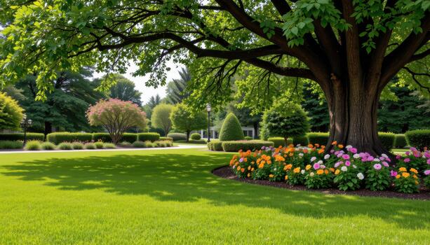 Smooth green lawns meet clusters of radiant flowers beneath massive shade trees creating a serene scene. photo