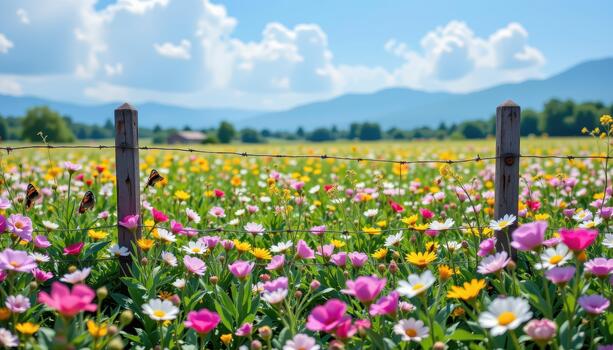The fence around the flower field creaks softly in the wind, as if whispering secrets of the hidden garden within to anyone who stops and listens. photo