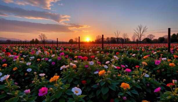 Evening shadows stretch across the fenced flower field, the colors dimming but still glowing under the soft light of the setting sun. photo