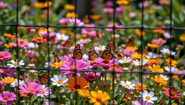 Butterflies gather in clusters on the flowers, creating an ever changing mosaic of colors behind the protective fence. photo